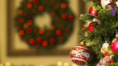 Happy New Year Christmas Tree Toys Jewelry Balls Glare Bokeh Back Ground