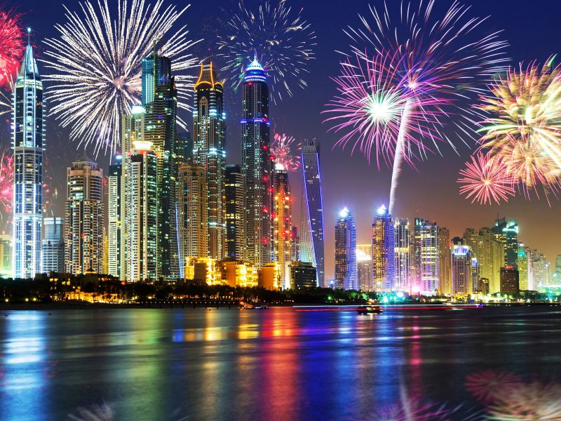Happy New Year Dubai 2016 Fireworks Midnight Lights Over City With Reflection In River
