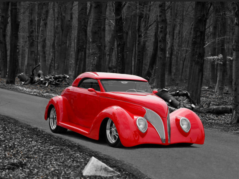 1937 Ford (red) On Road Thru Woods