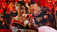 Japanese Woman, Women’s White, Red, And Yellow Floral Kimono Dress