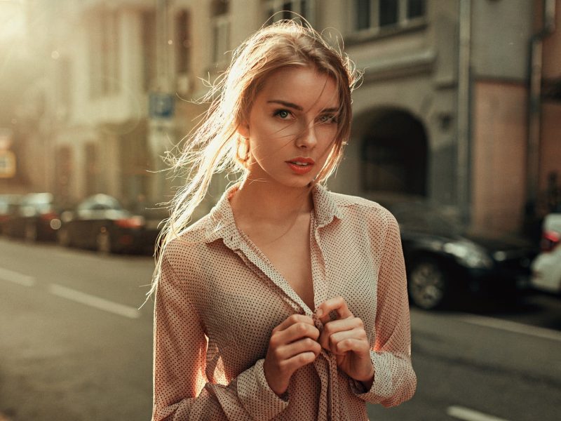 Women’s Beige Long Sleeved Top, Blonde Haired Woman Wearing Brown Button Up Shirt