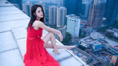 Women’s Red Dress, Asian, Model, Photography, City, Barefoot