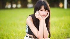 Asian, Women, Brunette, One Person, Grass, Sitting, Looking At Camera
