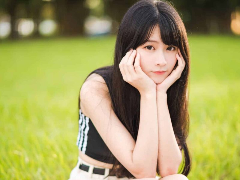 Asian, Women, Brunette, One Person, Grass, Sitting, Looking At Camera